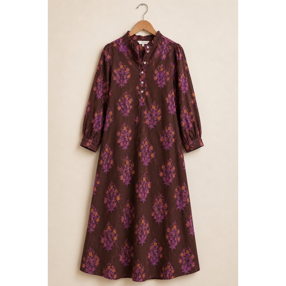 Entro Glinda Dress Brown Purple Floral Block Print Midi Ruffle Henley Large NEW - Picture 2 of 15